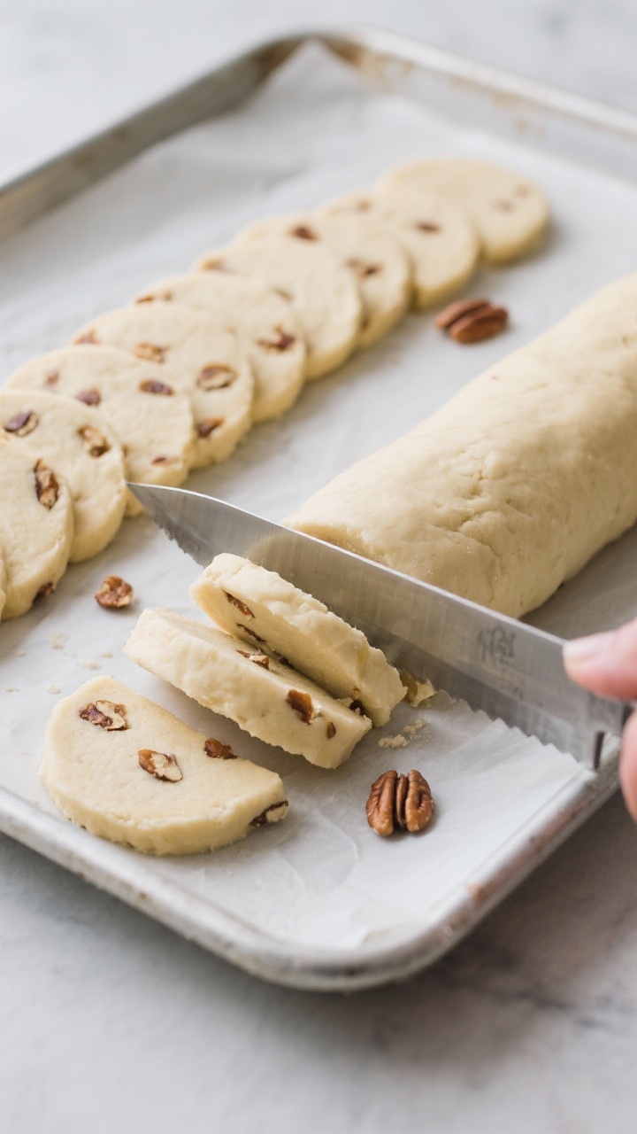 Cooking process: Overhead shot of chilled shortbread dough log being cleanly sliced into 1/4-inch ro