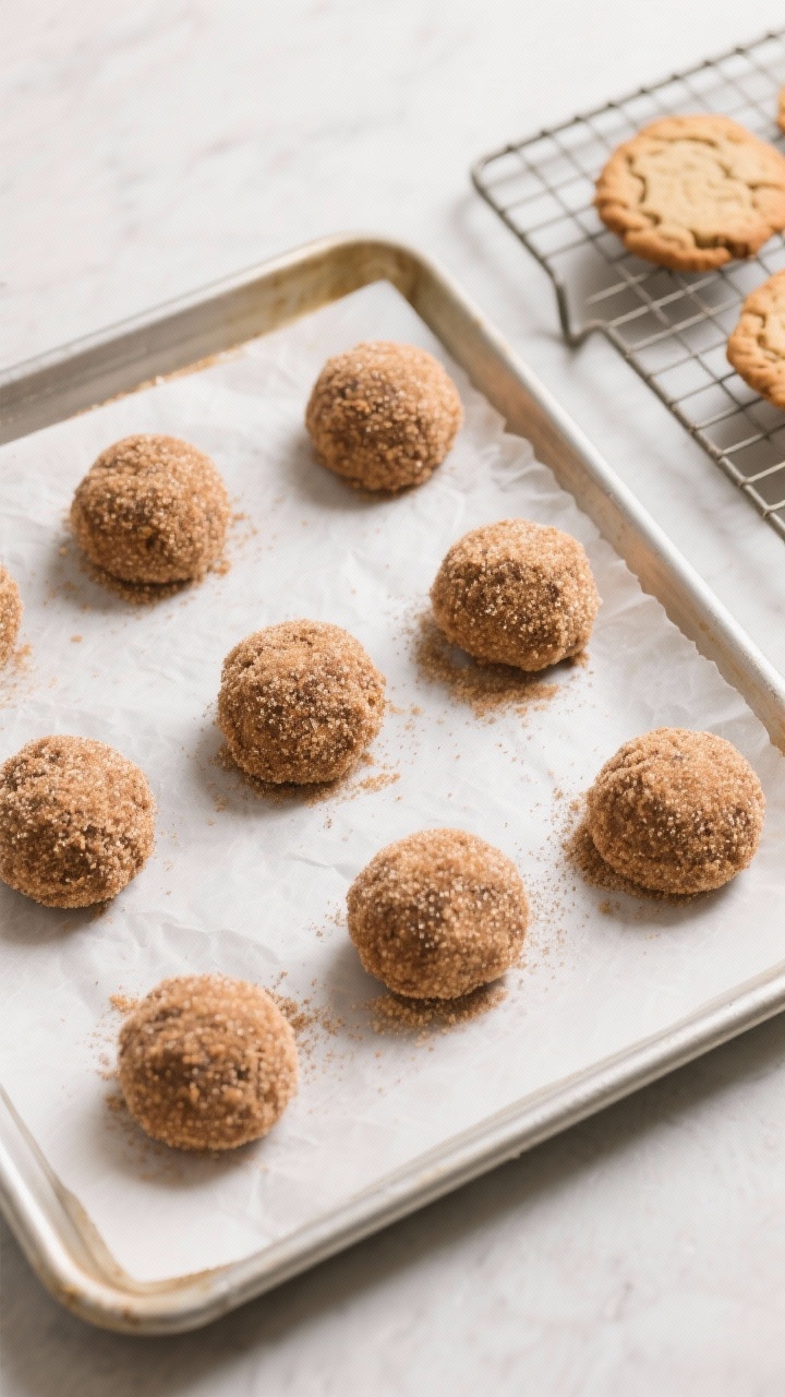Cooking process: Overhead shot of coated dough balls spaced 2 inches apart on a parchment-lined baki