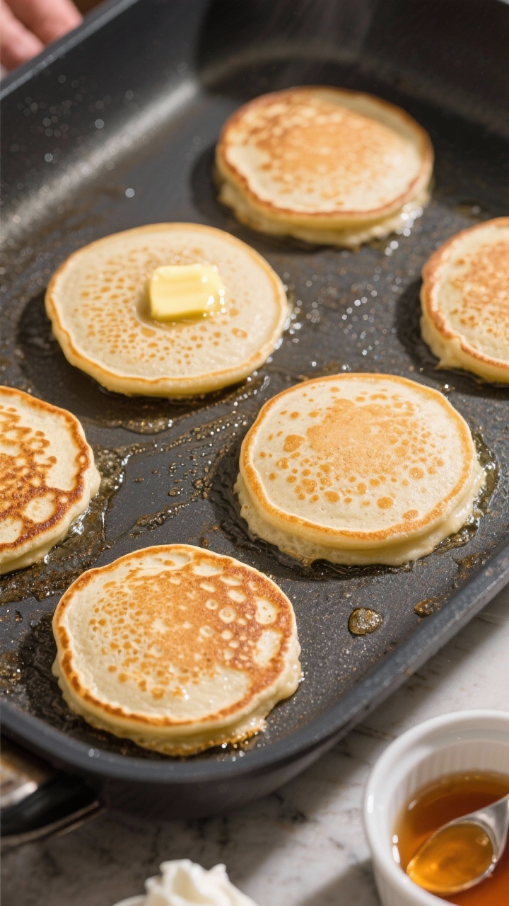 Cooking process: Overhead shot of evenly sized 1/4-cup pancakes cooking on a nonstick griddle; batte