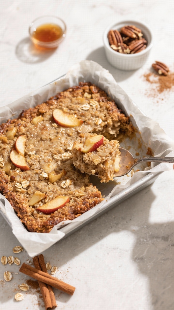 Cooking process: Overhead shot of the baked oatmeal fresh out of the oven in an 8x8-inch parchment-l