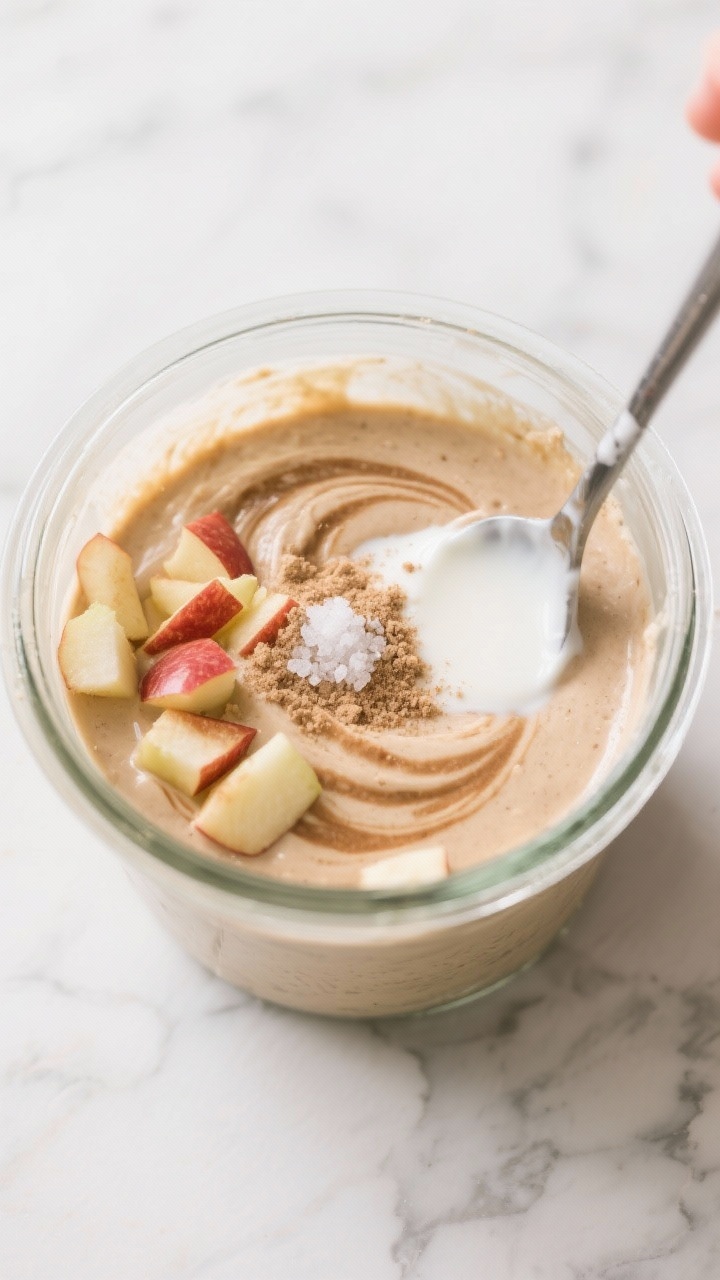 Cooking process: Overhead shot of the mixture just after stirring in milk and Greek yogurt, showing