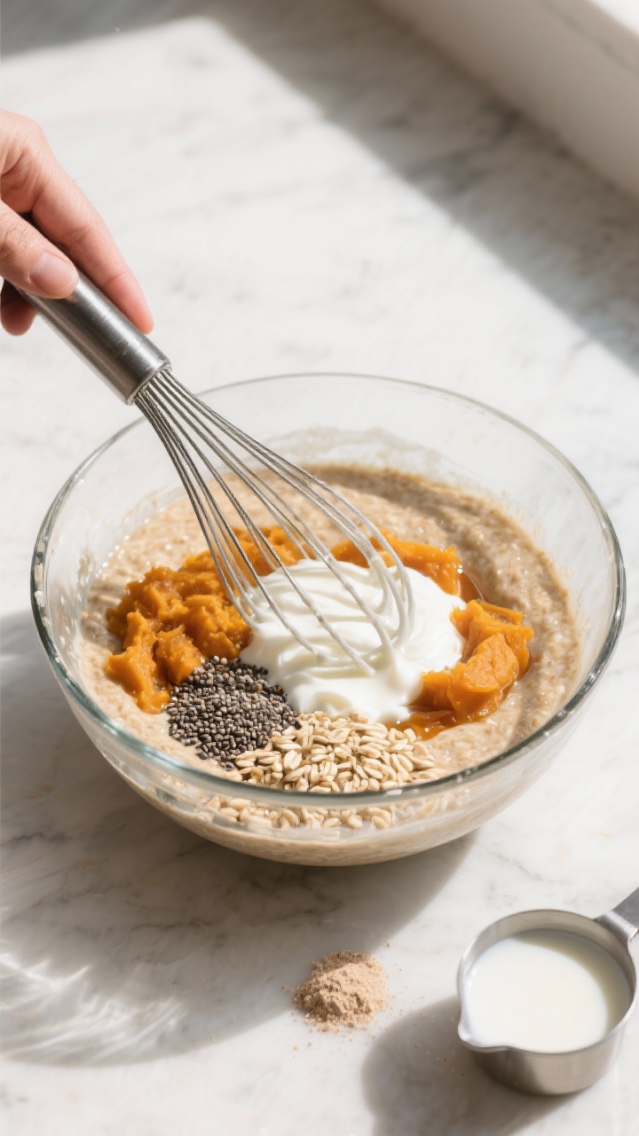 Cooking process: Overhead shot of the oats mixture being whisked smooth in a clear glass bowl—show