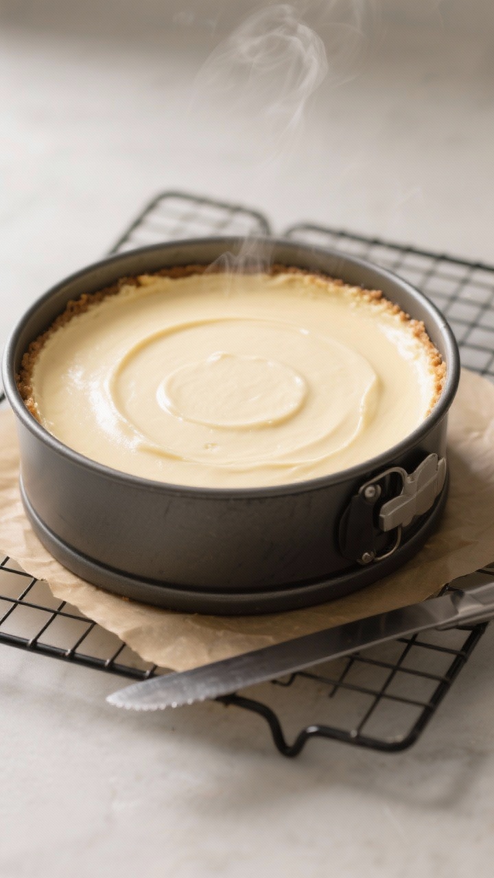 Cooking process shot: Overhead view of the baked cheesecake in a 9-inch springform pan right after b