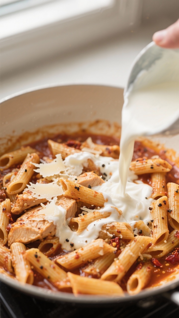 Cooking process shot: The creamy Greek yogurt–milk sauce being stirred into the simmered Cajun bro