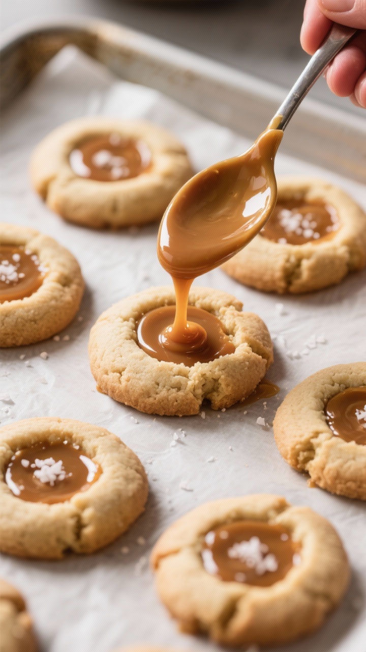 Cooking process: Warm caramel being spooned into the thumbprint wells on a tray of cooled cookies, g