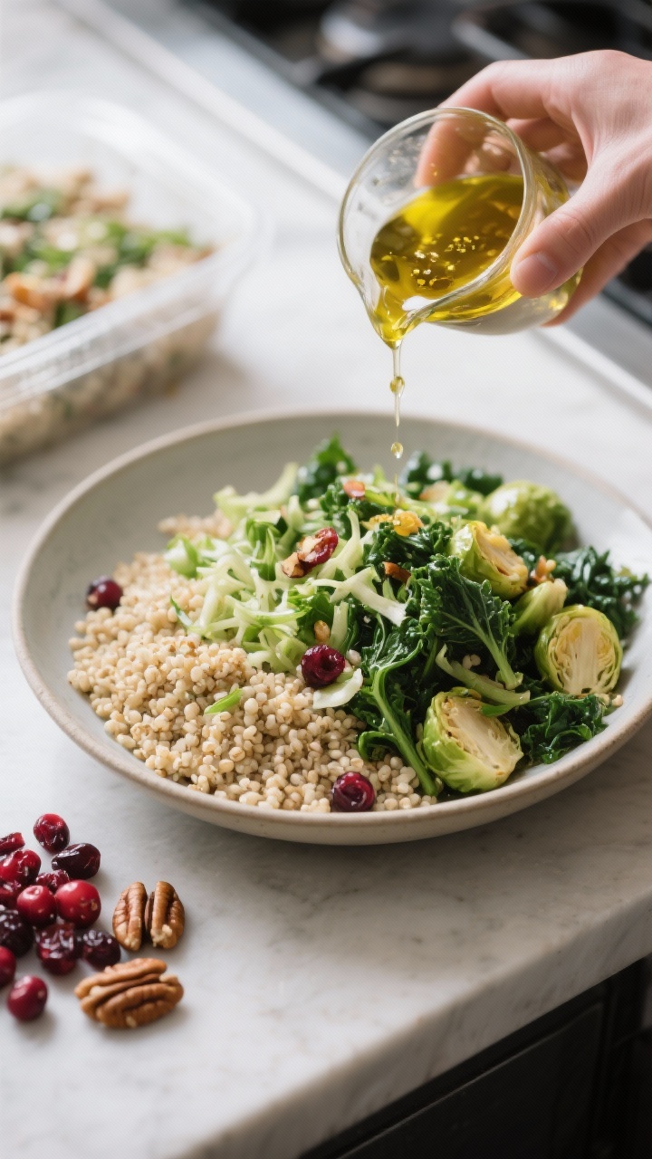 Cooking process: Warm grains and greens being assembled for meal prep—steaming quinoa spread in a