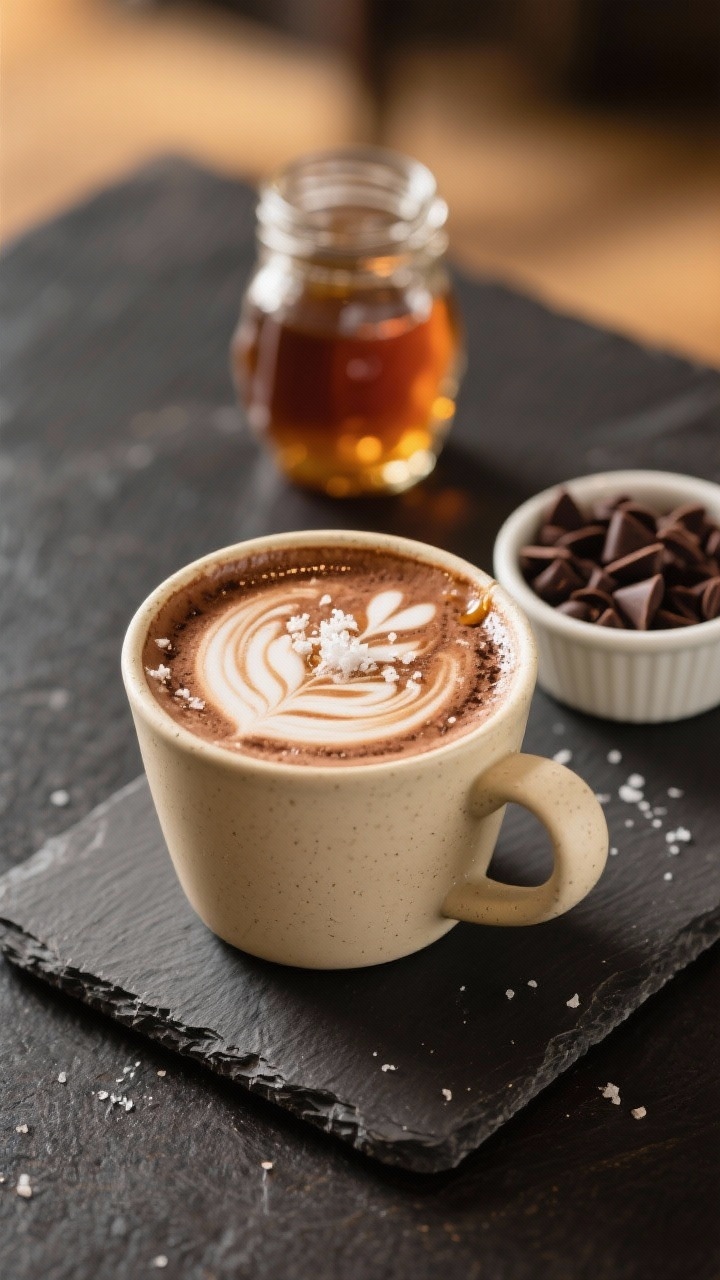 Final dish, elevated presentation: Beautifully plated hot chocolate served in a cream-colored stonew