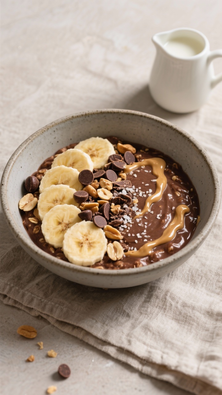 Final dish overhead: A bowl of Chocolate Peanut Butter Cup Protein Oats plated thick and creamy, top