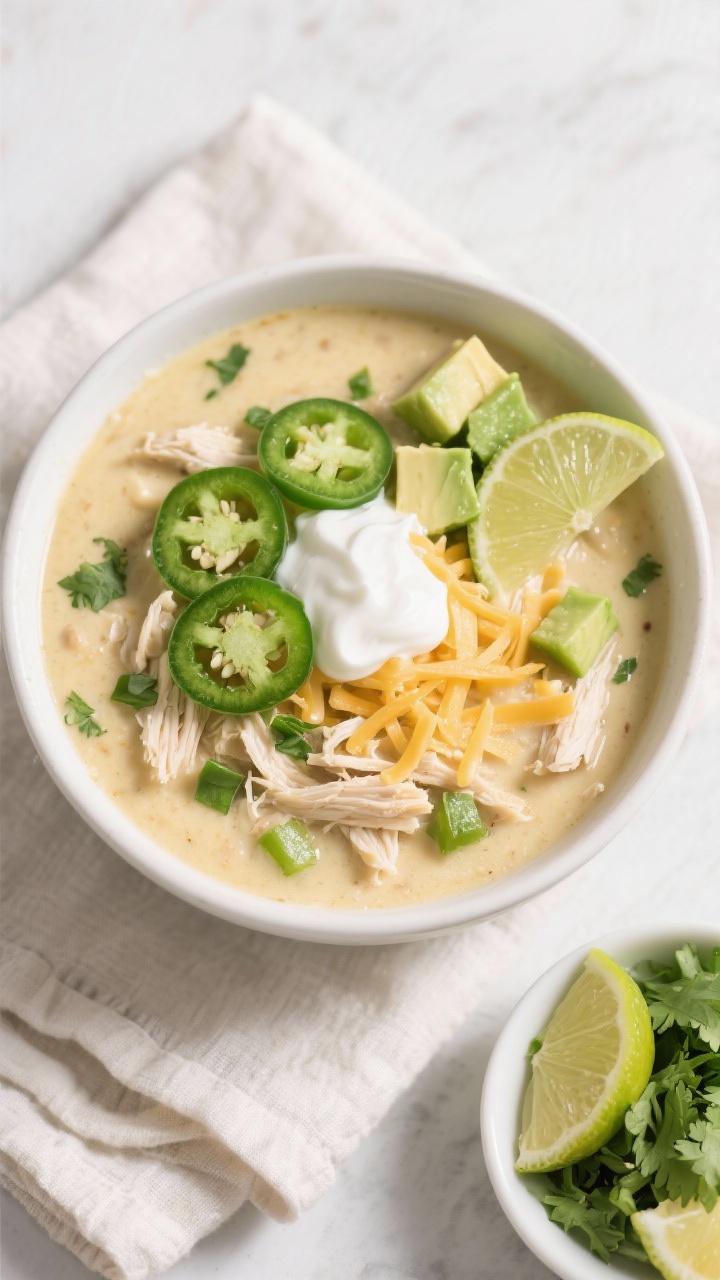 Final dish, : Overhead shot of a bowl of keto white chicken chili, luxuriously creamy and pale golde