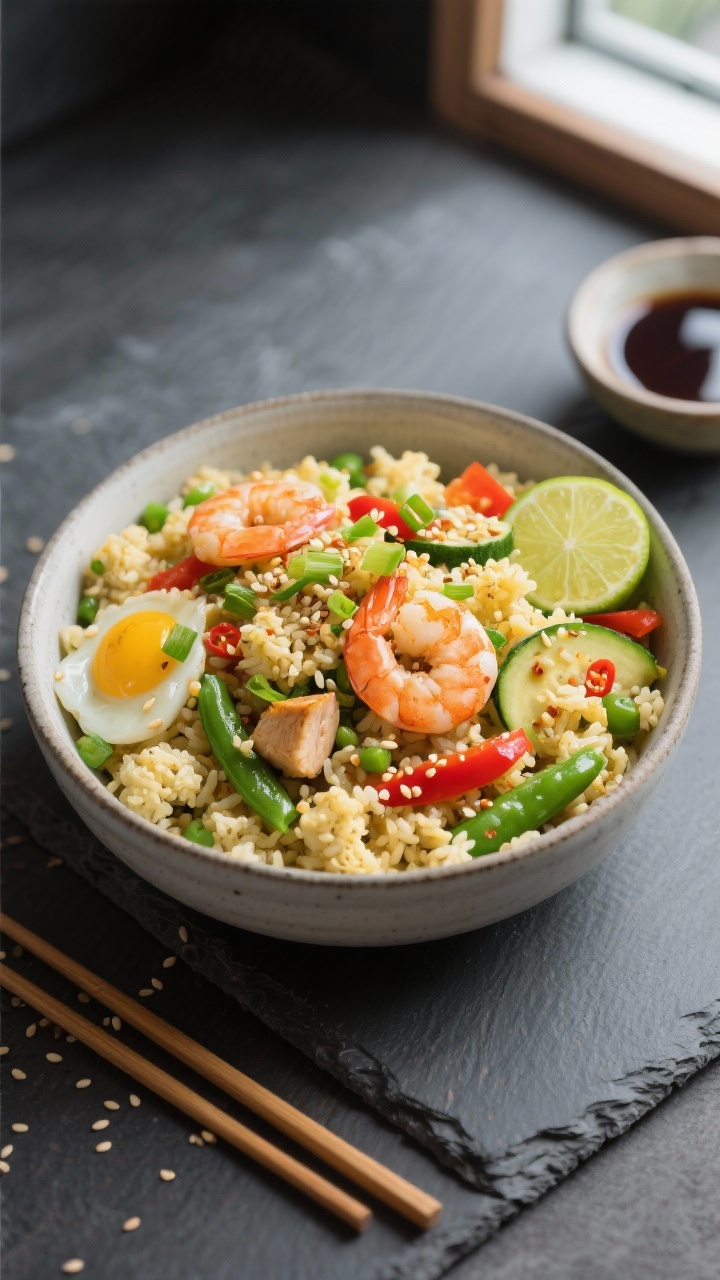 Final dish — Overhead shot of a restaurant-quality bowl of high protein keto fried rice: golden ca