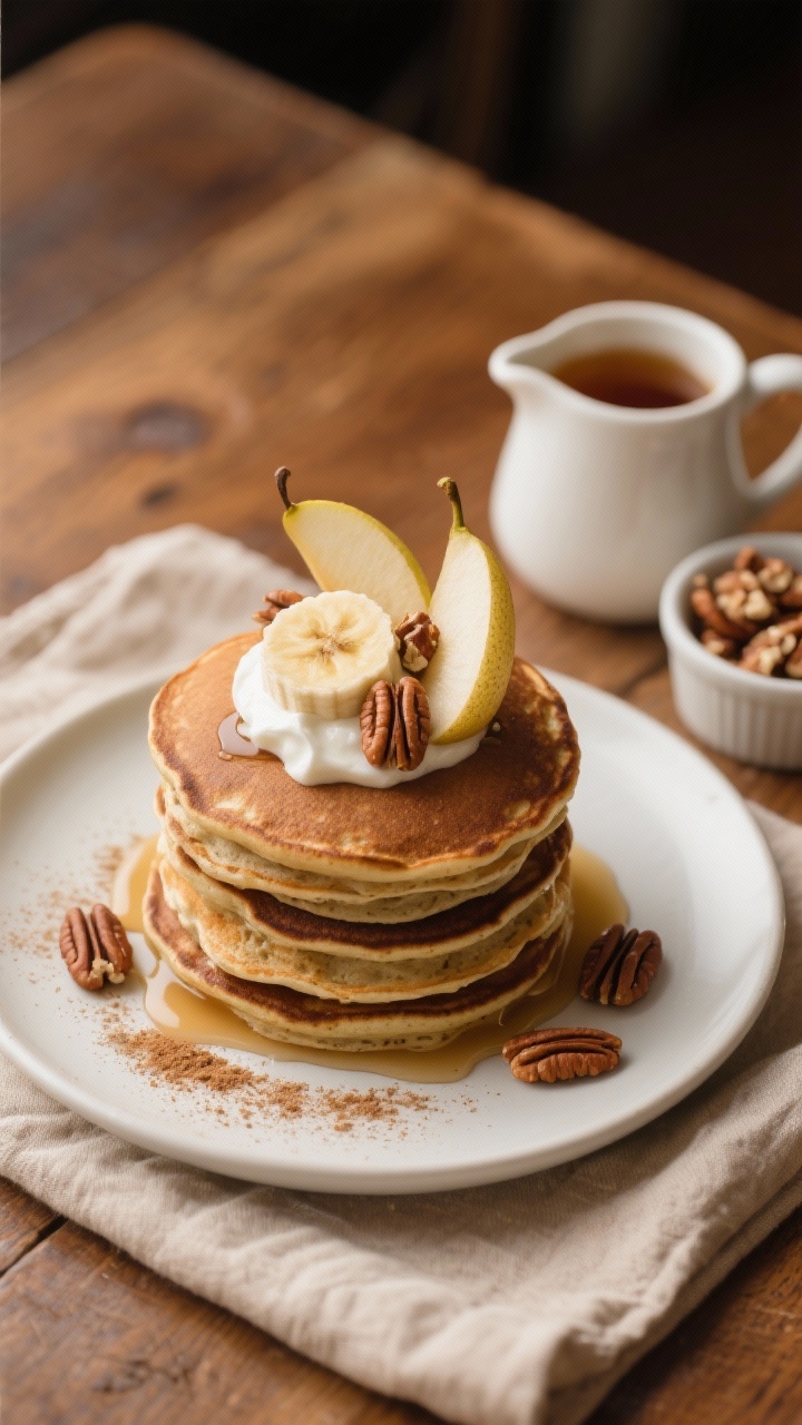 Final dish plated: Restaurant-quality presentation of the Gingerbread Protein Pancake Prep Stack arr