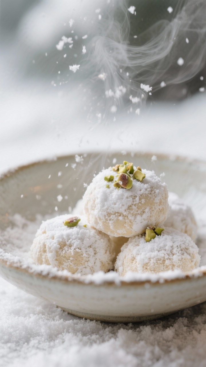 Final dish presentation: Beautifully plated almond flour snowball cookies arranged in a low ceramic 