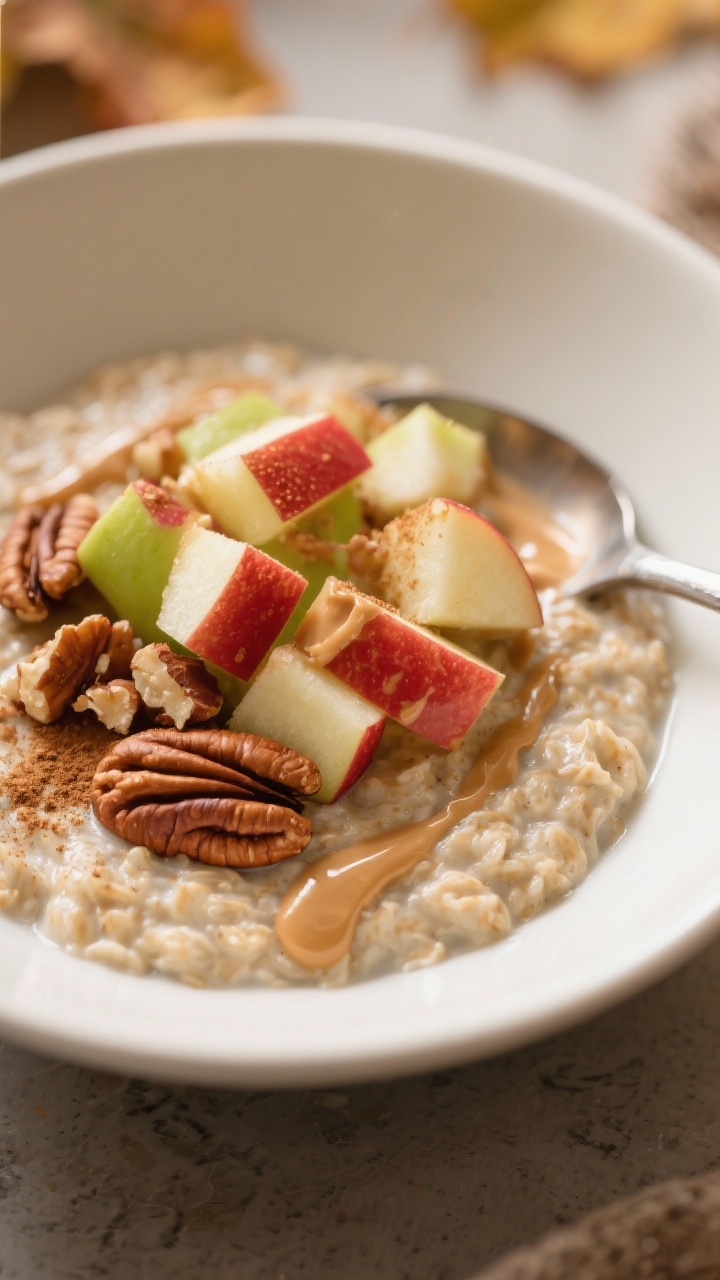 Final dish presentation: Beautifully plated Apple Cinnamon Protein Overnight Oats served in a matte