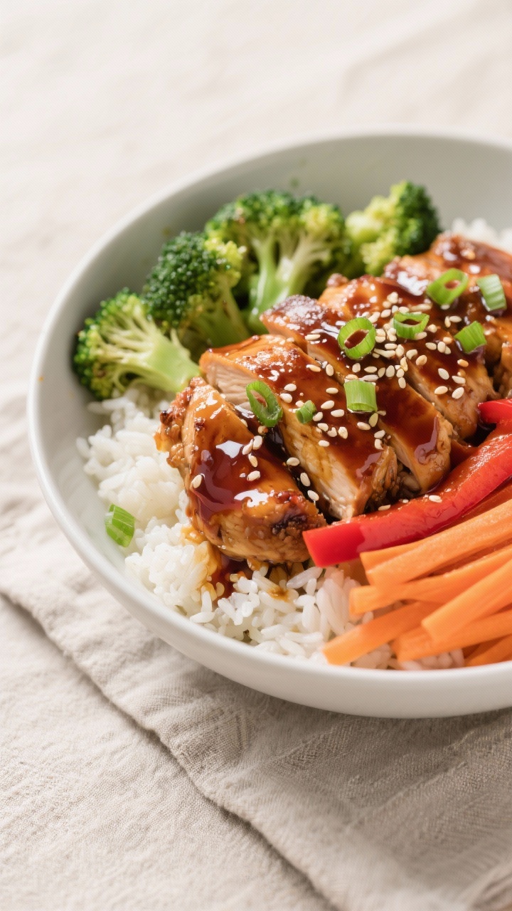 Final dish presentation: Beautifully plated High Protein Teriyaki Chicken Meal Prep Bowl with fluffy