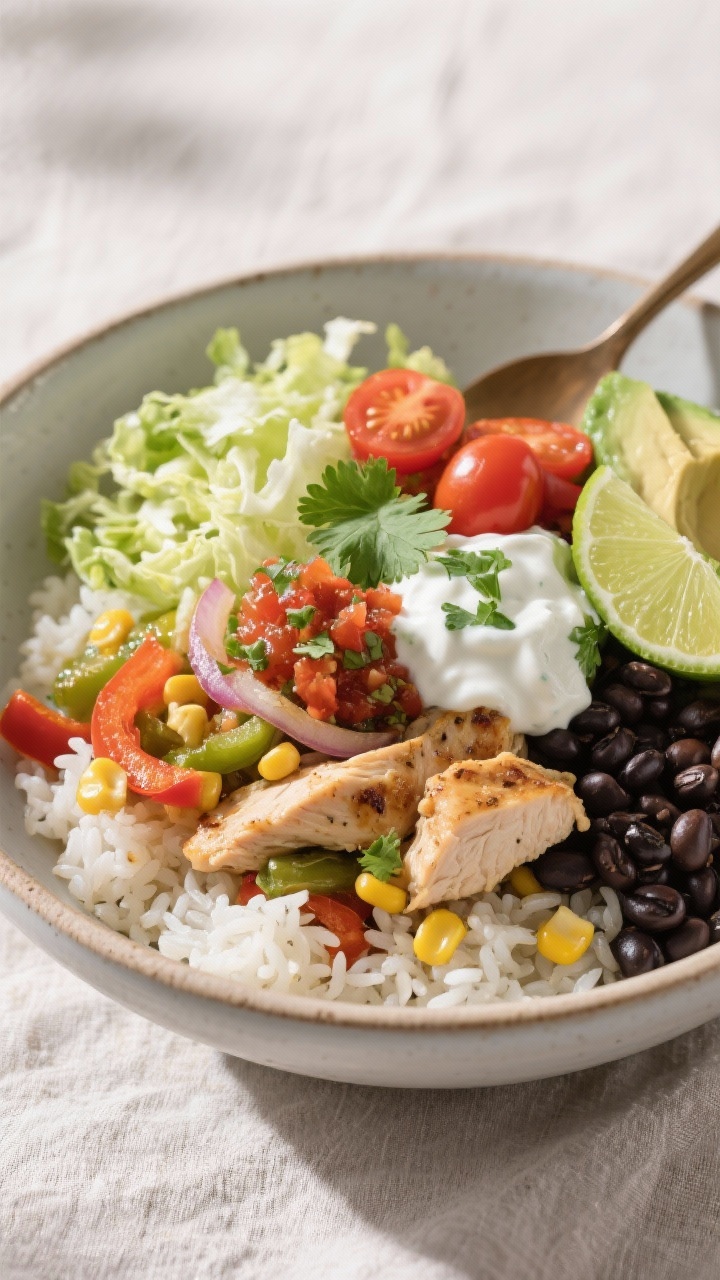 Final dish presentation: Beautifully plated high-protein burrito bowl ready to eat—fluffy rice bas
