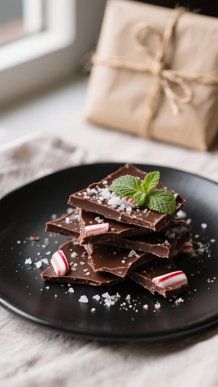 Final dish presentation: Beautifully plated shards of low-sugar chocolate peppermint bark stacked ca