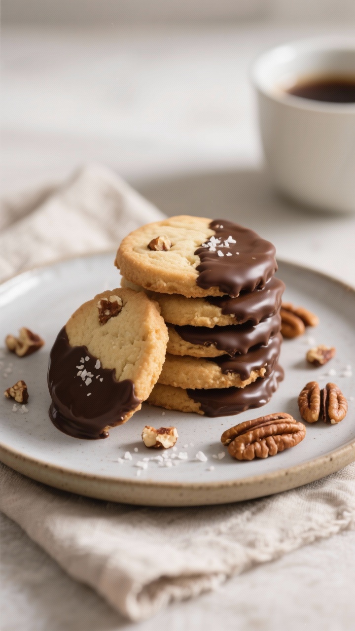 Final dish presentation: Beautifully plated toffee pecan shortbread cookies stacked and fanned on a