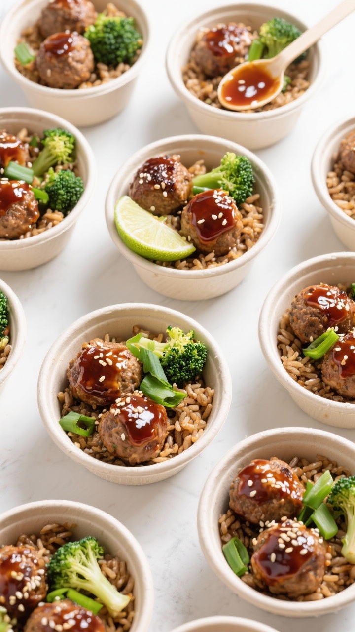 Final dish presentation: Restaurant-quality meal prep bowls arranged neatly in a grid, ; brown rice 