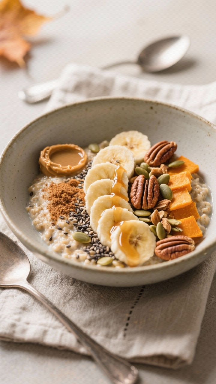 Final dish presentation: Restaurant-quality plated Pumpkin Pie Protein Overnight Oats served in a lo