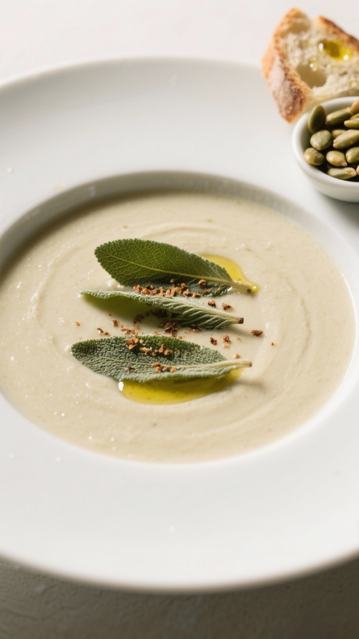 Final dish presentation: Restaurant-quality plating of the soup in a wide, shallow white bowl, ultra