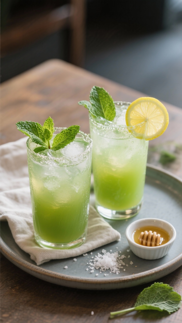 Final dish presentation: Two chilled highball glasses of Winter Citrus Green Detox Juice with ice, g