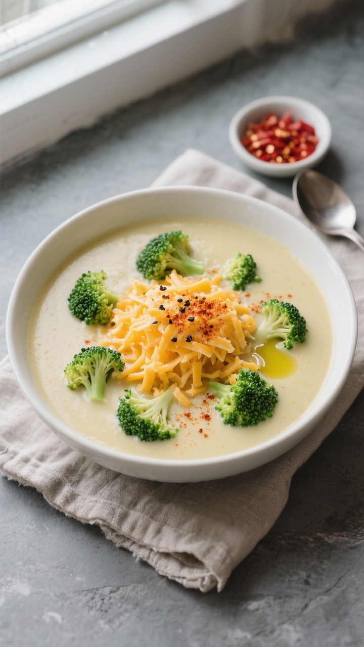 Final dish, top view: Overhead shot of a bowl of High Protein Keto Broccoli Cheddar Soup—thick and