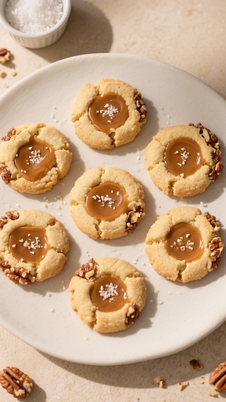 Final dish top view: Overhead shot of a platter of finished Salted Caramel Thumbprint Cookies arrang