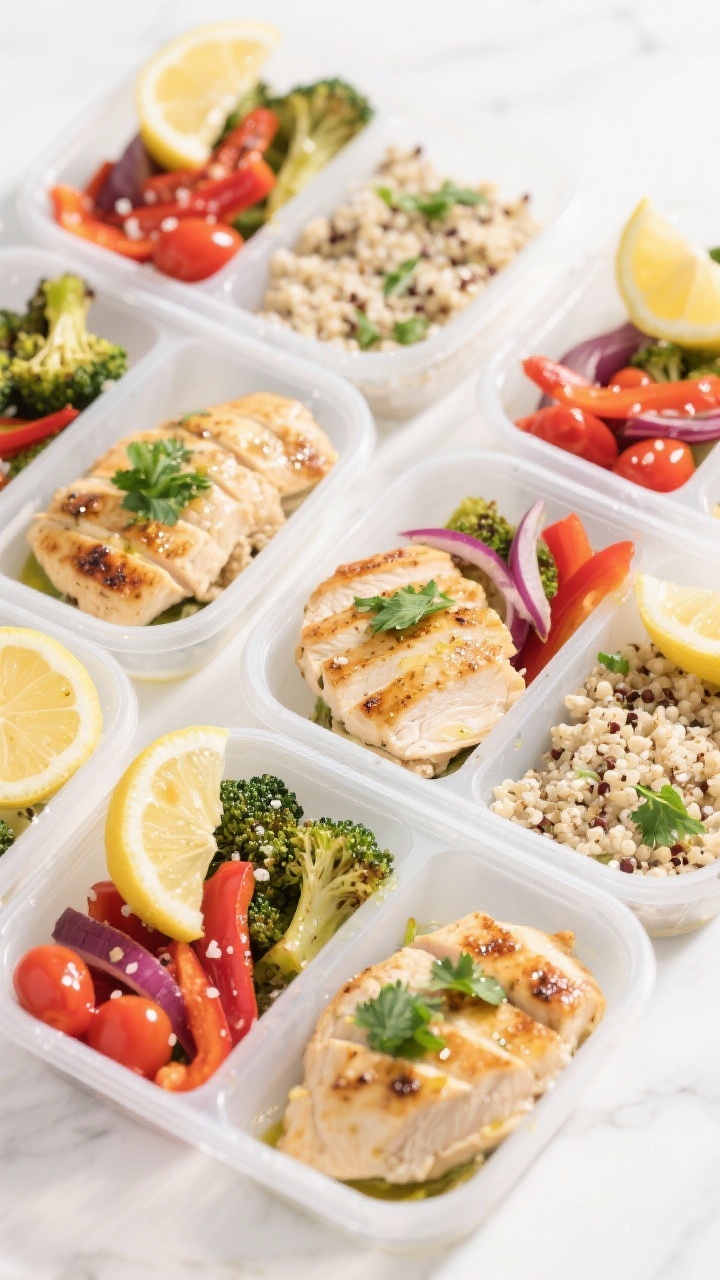 Final dish, top view: Overhead shot of meal-prep containers neatly arranged, each filled with sliced