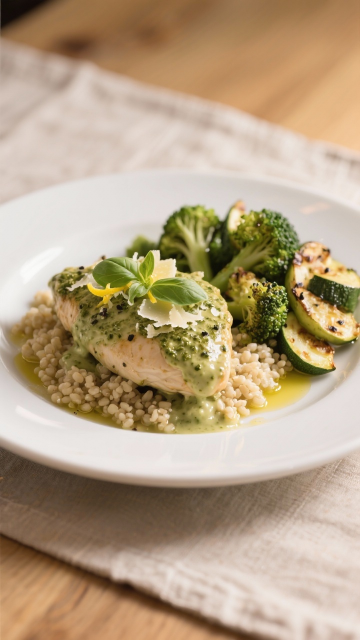 Final plated dish: Creamy pesto chicken served over fluffy quinoa with a side of roasted broccoli an