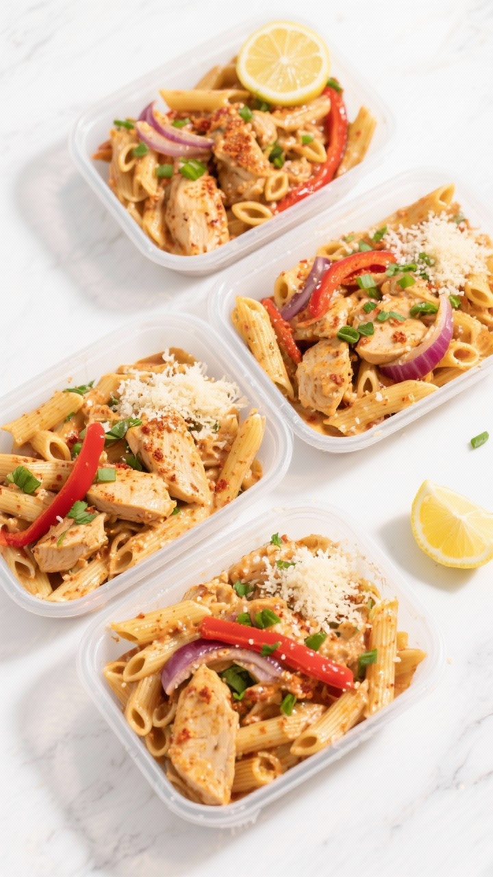 Final plated overhead: High Protein Cajun Chicken Pasta meal prep divided into four neat containers,