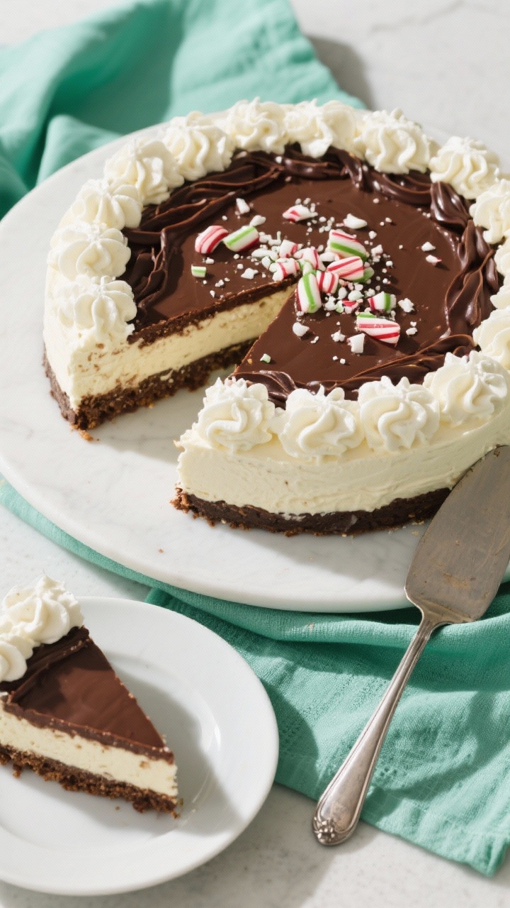 Final presentation top-down shot: Fully chilled and garnished Low-Sugar Peppermint Chocolate Cheesec