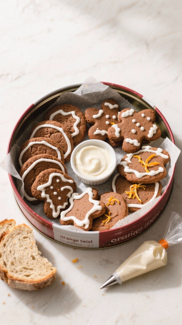 Overhead final presentation: a festive assortment of gluten-free gingerbread cookies arranged in a r