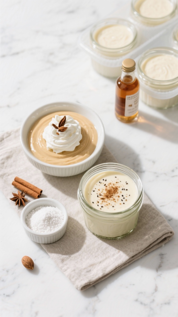 Overhead “meal prep” scene of multiple portions of Keto Eggnog Protein Pudding set and ready in