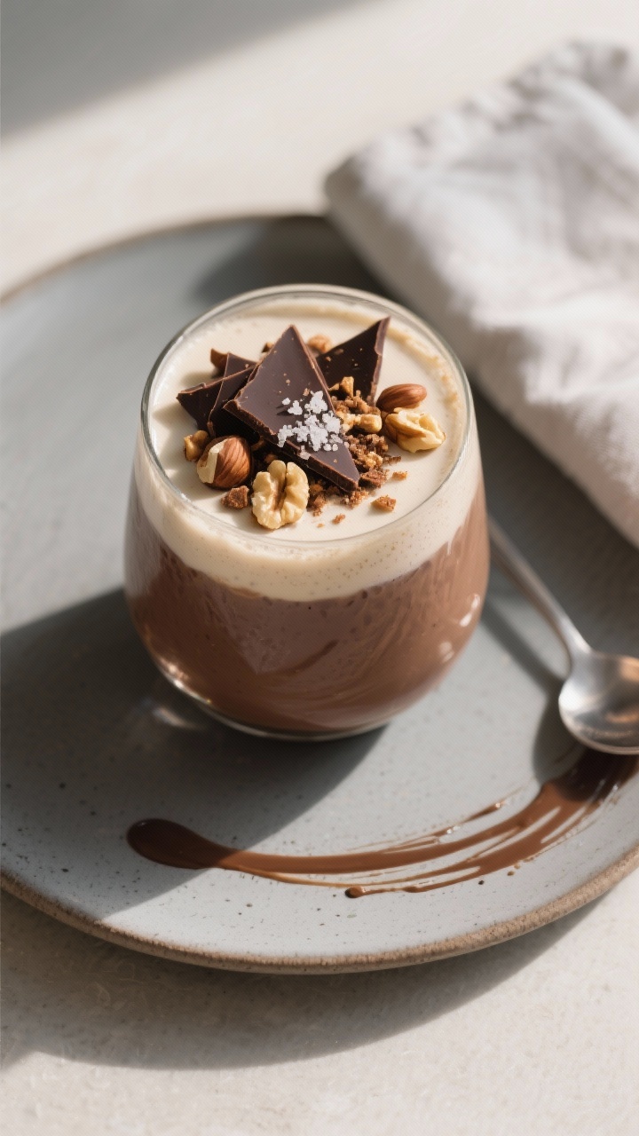 Overhead “tasty top view” of the final shake served in a low, wide glass on a matte ceramic plat