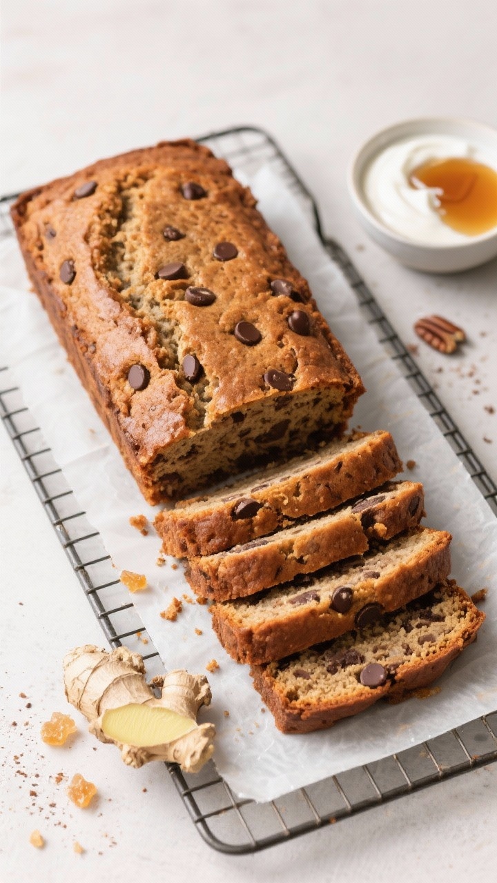 Overhead “tasty top view” shot: The full loaf cooled and sliced on a parchment-lined cooling rac