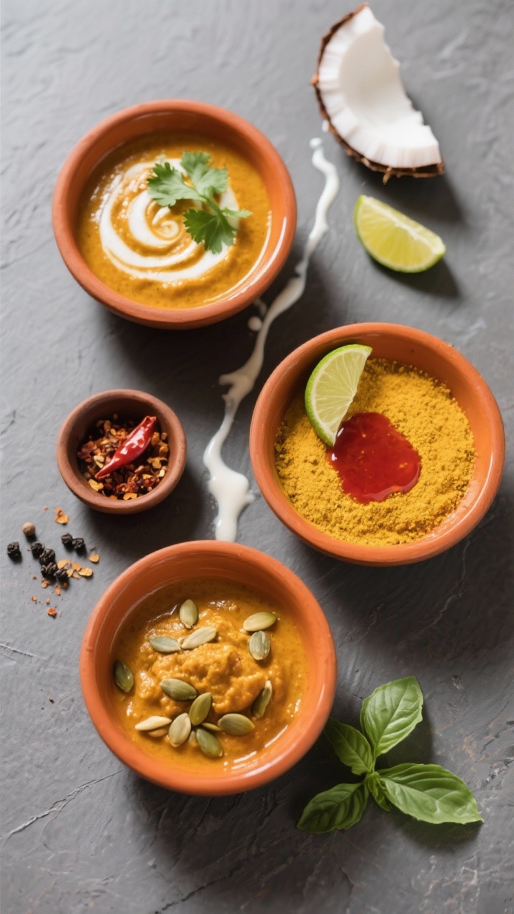 Tasty top-down variation: Overhead shot of three small bowls showcasing variations—classic, currie