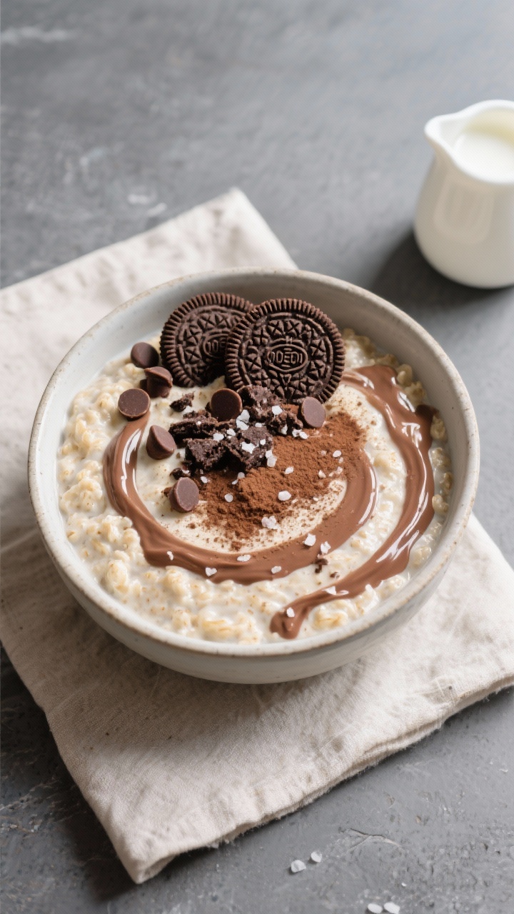 Tasty top view, final presentation: Overhead shot of cookies & cream protein overnight oats served i