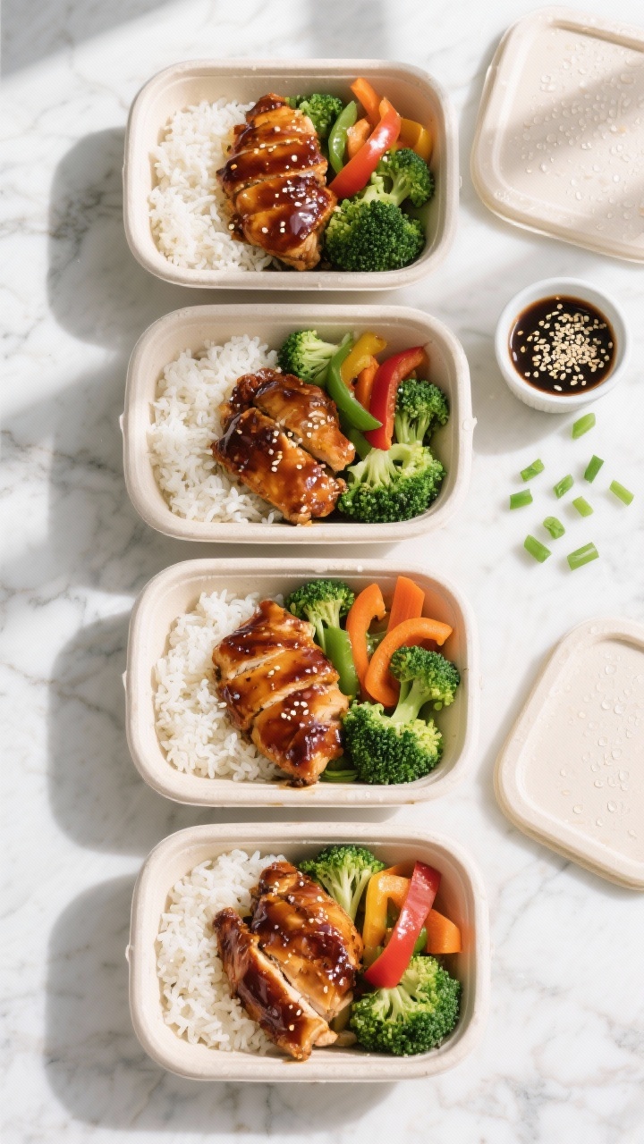 Tasty top view (overhead): Overhead shot of four meal prep containers filled for the week—each div
