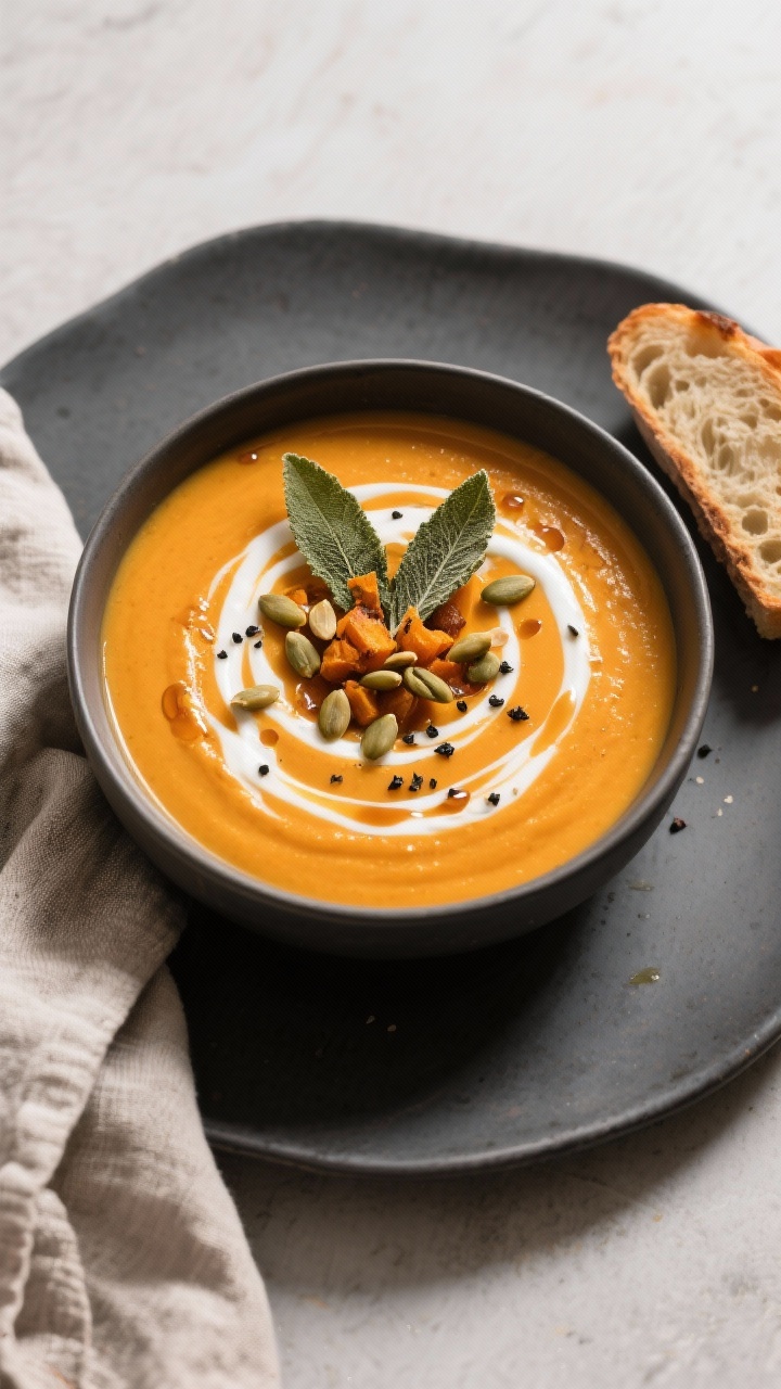 Tasty top view: Overhead shot of a bowl of creamy roasted butternut squash and sage soup with a dram
