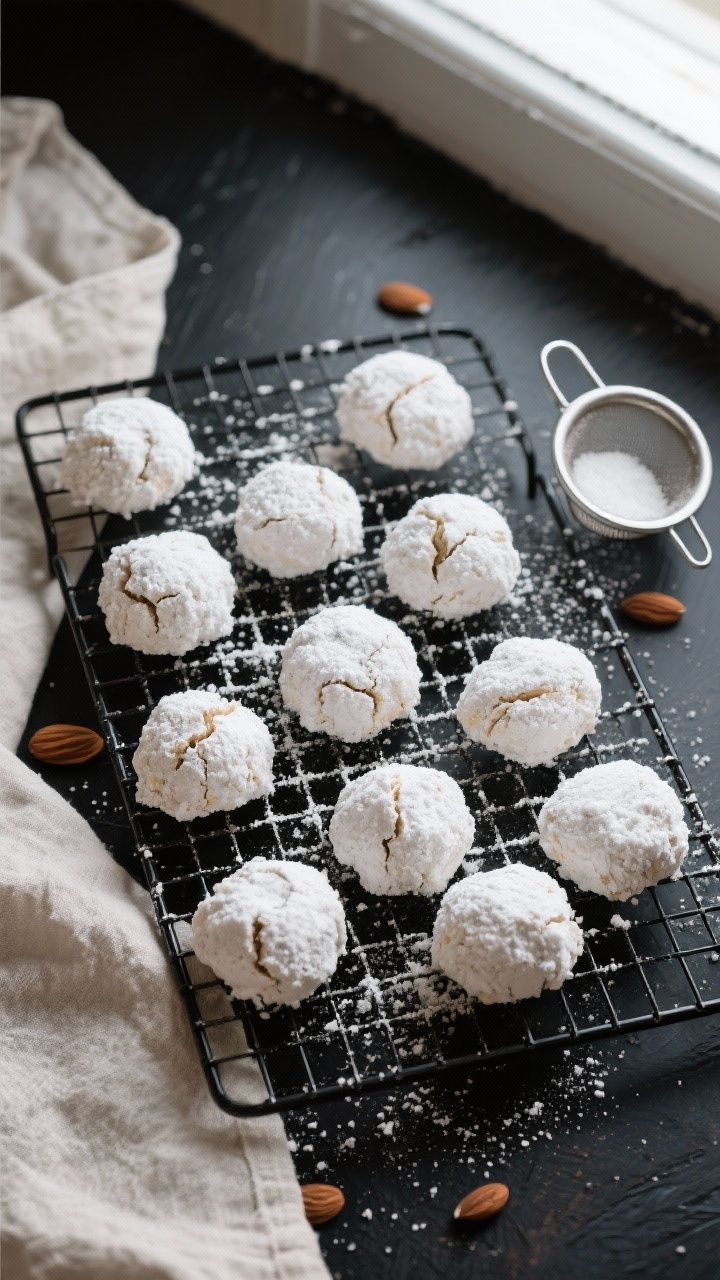 Tasty top view: Overhead shot of a cooling rack filled with almond flour snowball cookies after the 
