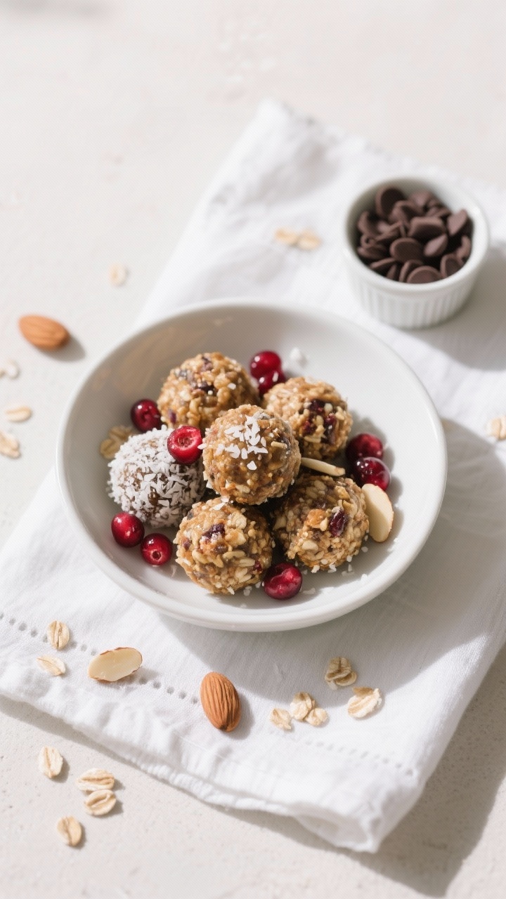 Tasty top view: Overhead shot of a final serving—energy bites arranged in a shallow white bowl wit