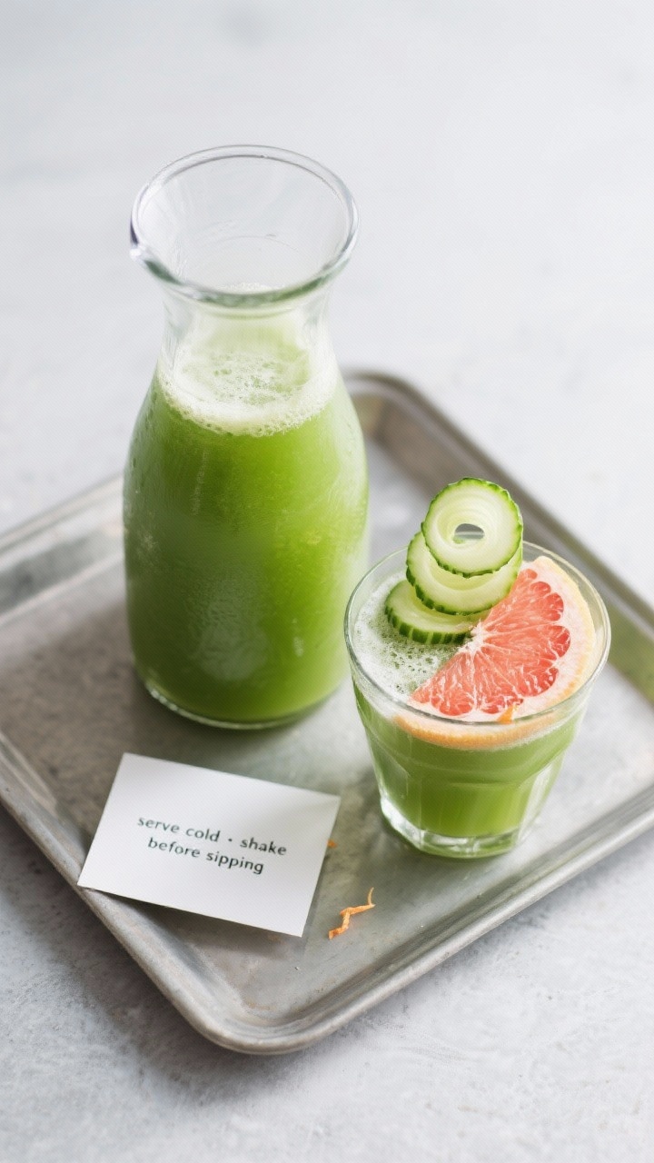 Tasty top view: Overhead shot of a finished blender-juiced and strained Winter Citrus Green Detox Ju