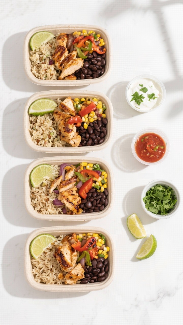 Tasty top view: Overhead shot of assembled burrito bowl meal prep containers (4–5) without fresh t