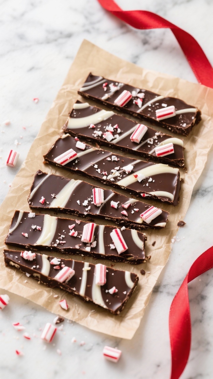 Tasty top view: Overhead shot of fully set low-sugar chocolate peppermint bark, dark chocolate base 