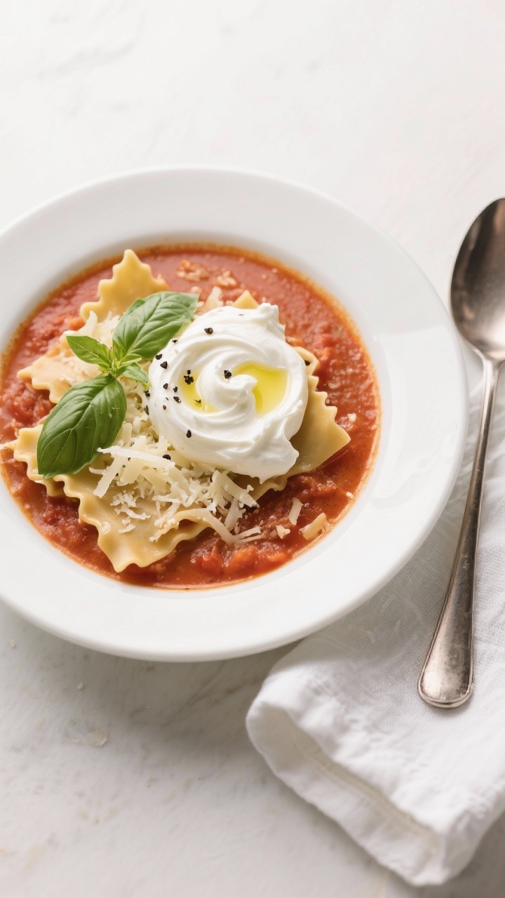 Tasty top view: Overhead shot of plated High Protein Lasagna Soup in a wide white bowl, topped with 