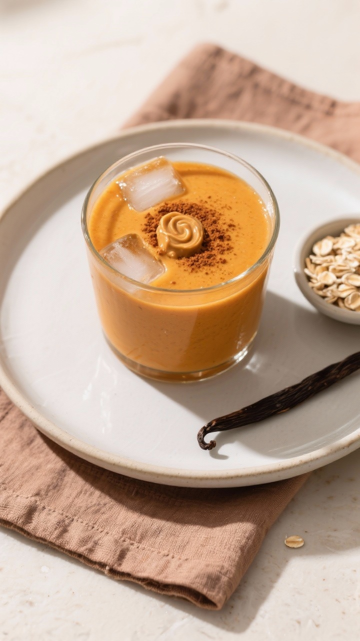 Tasty top view: Overhead shot of the finished Spiced Pumpkin Protein Smoothie in a wide-mouth glass,
