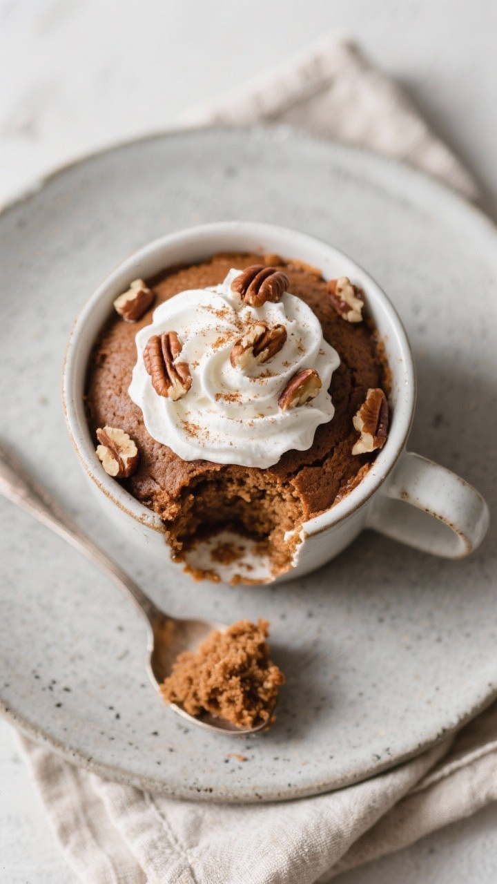Tasty top view: Overhead shot of the keto gingerbread mug cake served warm with a generous swirl of 