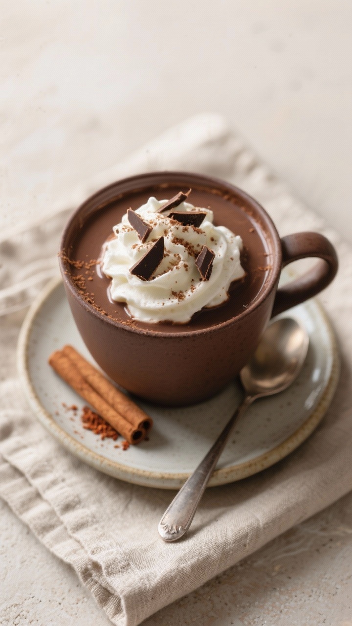 Tasty top view, overhead shot: Overhead shot of a freshly made mug of Healthy Hot Chocolate with Alm