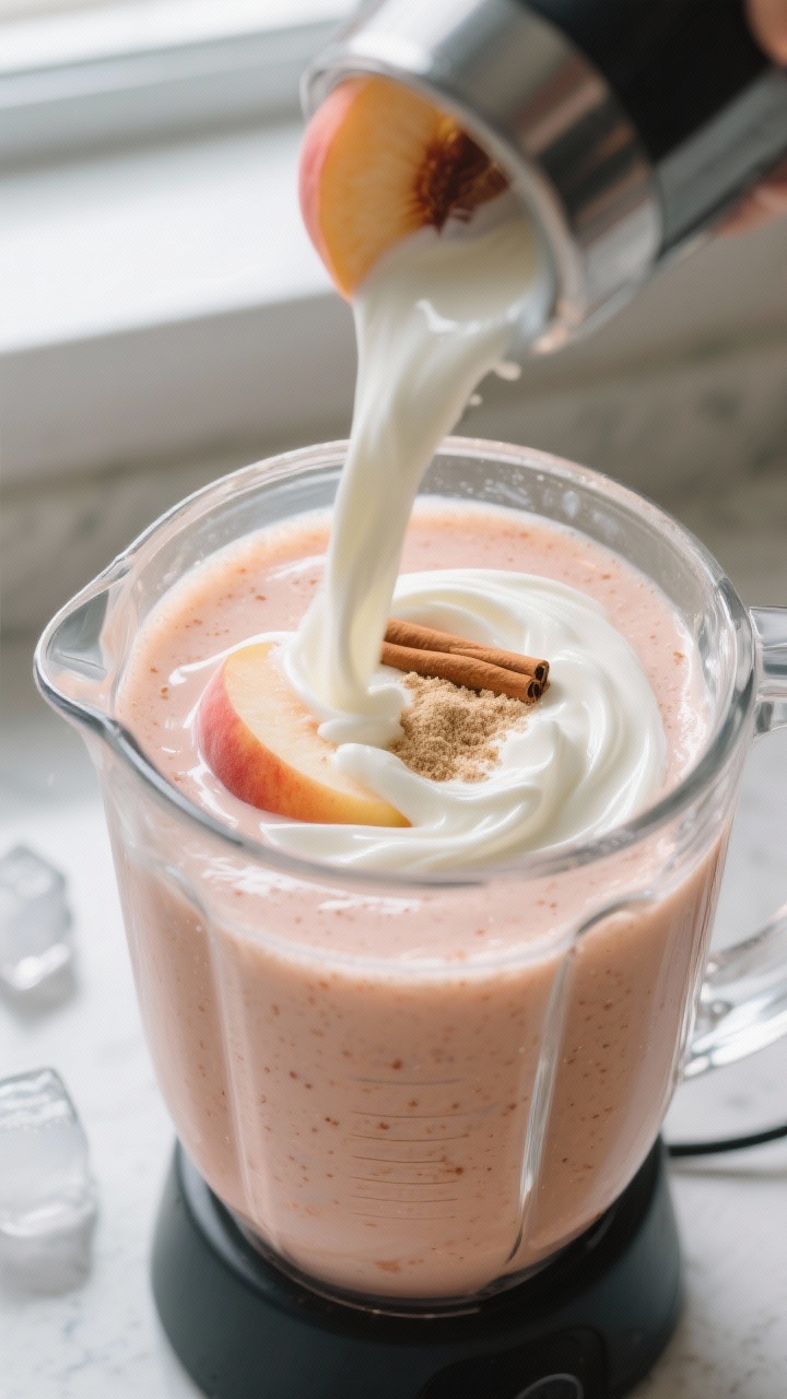 Close-up action shot of a peach yogurt protein smoothie blending to silky smooth in a high-speed ble