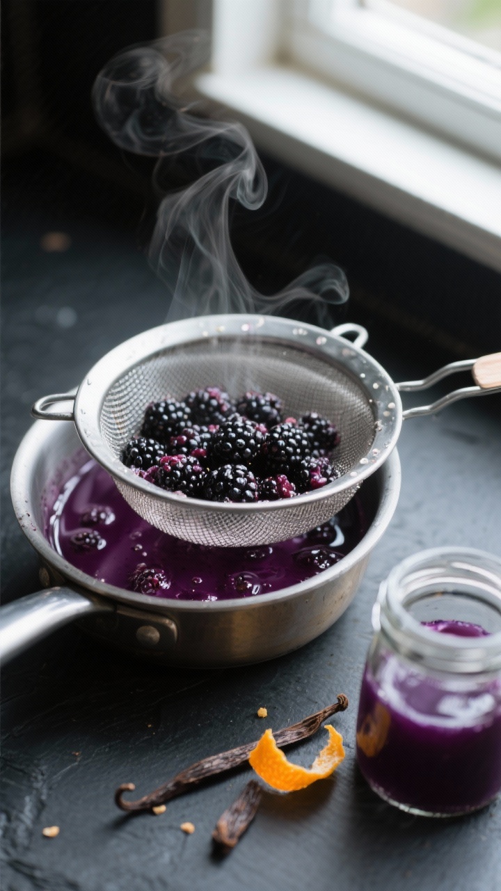 Close-up cooking process: A small saucepan of simmered blackberry-vanilla syrup just off the heat, d